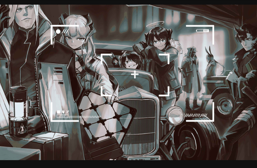 1other 2boys 4girls absurdres amiya_(arknights) animal_ears arknights battery_indicator beard car demon_tail doctor_(arknights) exusiai_(arknights) eyes_visible_through_hair facial_hair flamebringer_(arknights) fur_trim ground_vehicle hair_between_eyes halo hands_in_pockets head_on_arm heads-up_display hellagur_(arknights) highres holding holding_shield horns infection_monitor_(arknights) jacket lamp leaning_on_object light_smile long_hair looking_at_viewer looking_to_the_side looking_up medium_hair monochrome mostima_(arknights) motor_vehicle multiple_boys multiple_girls nail_polish oaza one_eye_closed open_clothes open_jacket oripathy_lesion_(arknights) papers parted_lips rabbit_ears rhodes_island_logo saria_(arknights) serious shield short_hair tail talking very_long_hair