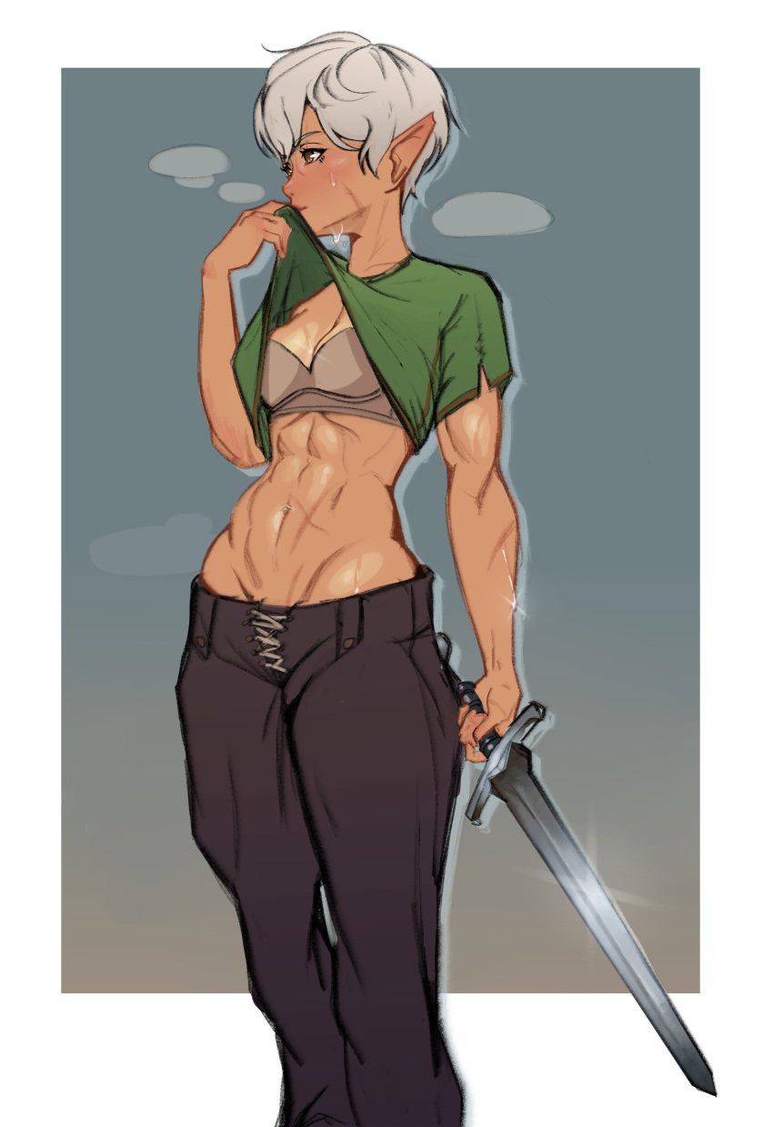 1girl abs absurdres blush border bra brown_eyes elf glint gradient gradient_background grey_bra grey_hair highres holding holding_sword holding_weapon mon_eree muscular muscular_female navel original pointy_ears scar scar_on_arm scar_on_cheek scar_on_face scar_on_stomach short_hair solo steam steaming_body sweat sword tan underwear warrior weapon white_border wiping_sweat