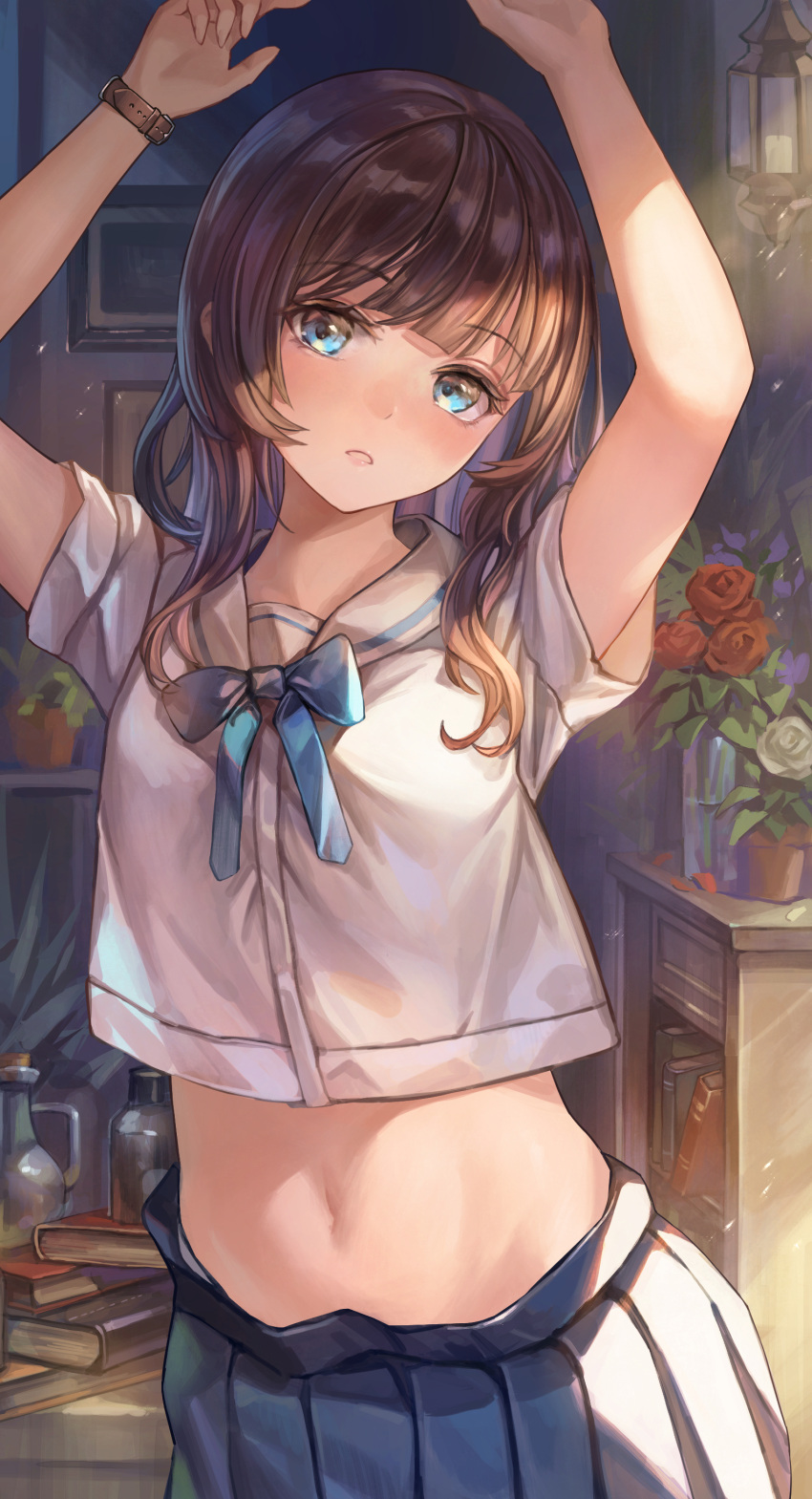 1girl absurdres arms_up bare_arms blue_eyes blue_skirt bow bowtie brown_hair collared_shirt crop_top crop_top_overhang highres long_hair looking_at_viewer midriff navel original parted_lips pleated_skirt school_uniform shirt skirt solo stomach white_shirt wristband yahiro_(heartseek000)