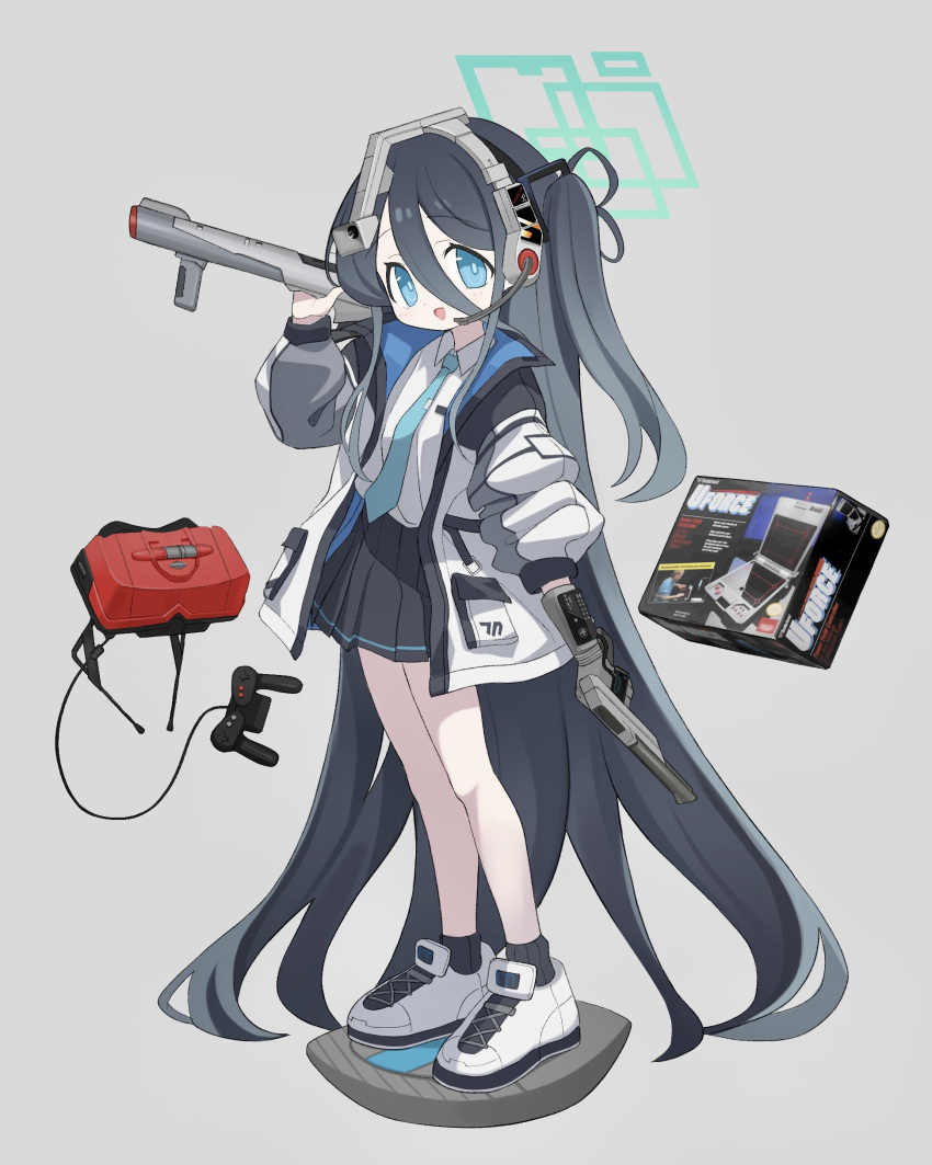 1girl absurdly_long_hair absurdres aris_(blue_archive) atat250 black_hair black_jacket black_skirt black_socks blue_archive blue_eyes blue_jacket blue_necktie box collared_shirt controller full_body game_console game_controller grey_background hair_between_eyes hair_ornament halo hand_up headset highres holding holding_weapon jacket light_blush light_gun long_bangs long_hair looking_at_viewer microphone multicolored_clothes multicolored_jacket necktie one_side_up open_clothes open_jacket open_mouth over_shoulder photo_inset pleated_skirt power_glove_(nintendo) raised_eyebrows shirt shirt_tucked_in shoes sideways_glance simple_background skirt sleeve_rolled_up smile sneakers socks solo standing super_scope very_long_hair virtual_boy weapon weapon_over_shoulder white_jacket white_shirt