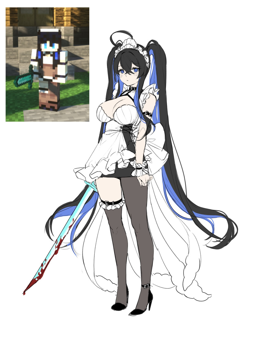 1girl absurdres ahoge arm_strap bare_shoulders black_collar black_legwear blood blood_on_weapon blue_eyes blue_hair blush closed_mouth collar diamond_sword eyebrows_visible_through_hair frilled_legwear frills grey_background hair_between_eyes high_heels highres holding holding_sword holding_weapon long_hair looking_at_viewer maid_headdress minecraft multicolored_hair original photo-referenced simple_background single_bare_shoulder single_thighhigh sketch solo sword tacco_(tikeworld) thigh-highs twintails very_long_hair weapon