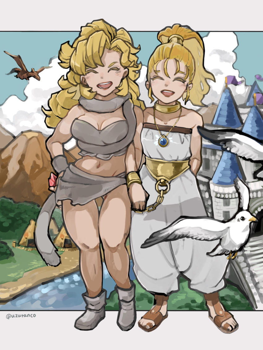 2girls ayla_(chrono_trigger) bird blonde_hair breasts castle choker chrono_trigger clouds curly_hair dinosaur full_body highres jewelry long_hair marle_(chrono_trigger) multiple_girls navel necklace open_mouth ponytail smile tail uzutanco