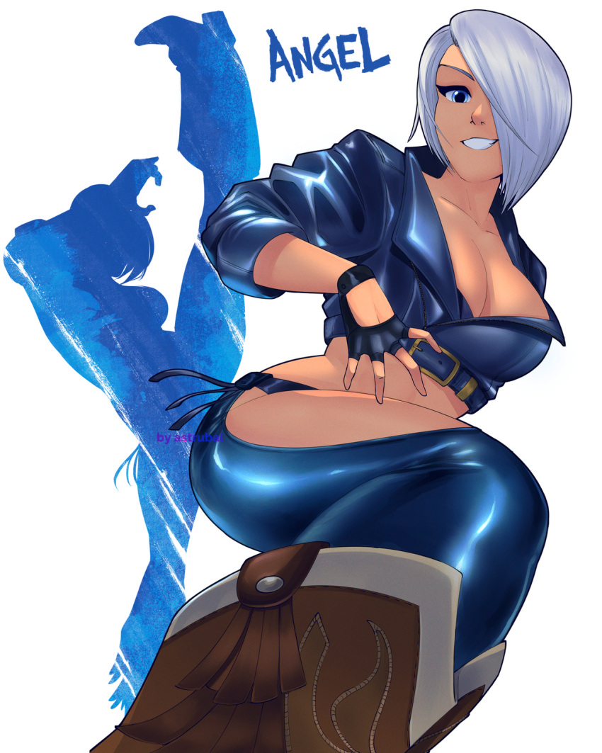 1girl angel_(kof) astrubalart blue_eyes boots bra breasts chaps cowboy_boots cropped_jacket fingerless_gloves gloves hair_over_one_eye highres jacket large_breasts leather leather_jacket looking_at_viewer short_hair snk solo strapless strapless_bra the_king_of_fighters the_king_of_fighters_xiv toned underwear