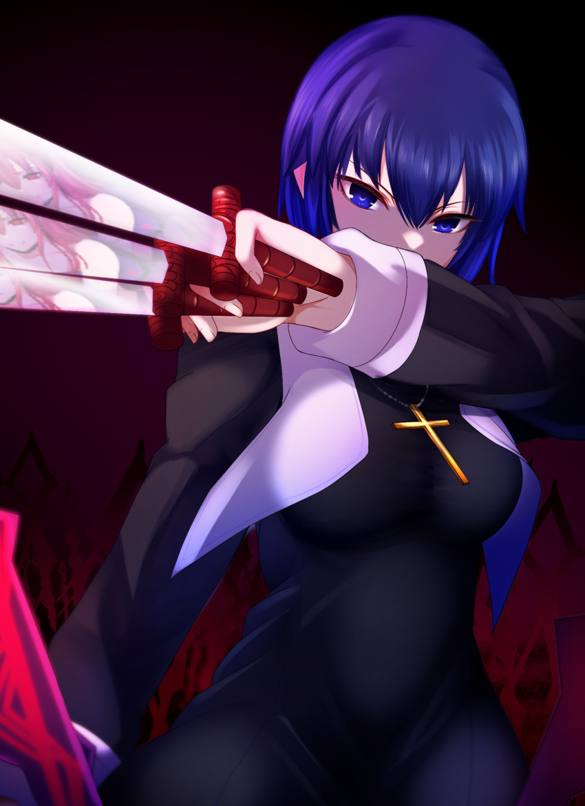 2girls between_fingers black_keys_(type-moon) blue_eyes breasts ciel_(tsukihime) commentary_request cross cross_necklace dead_apostle_noel_(tsukihime) faceoff gaien_(jin_morisono) habit highres jewelry knife medium_breasts melty_blood multiple_girls necklace noel_(tsukihime) nun reflection serious short_hair solo_focus throwing_knife tsukihime tsukihime_(remake) weapon
