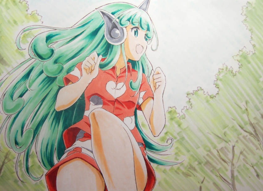 aqua_hair beluo77 breasts buttons cloud_print colored_pencil_(medium) commentary_request curly_hair fang graphite_(medium) green_eyes happy heart horns kariyushi_shirt komainu komano_aunn long_hair open_mouth outdoors paw_pose red_shirt shirt shorts single_horn small_breasts squatting touhou traditional_media white_shorts