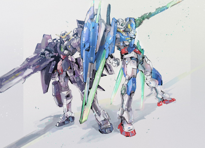aqua_eyes clenched_hand commentary energy_cannon energy_gun energy_weapon gun gundam gundam_00 gundam_00_festival_10_"re:vision" gundam_dynames_repair_iii gundam_exia_repair_iv highres holding holding_gun holding_sword holding_weapon kare_(0621utak) mecha mobile_suit no_humans science_fiction shadow shield side-by-side simple_background standing sword v-fin weapon white_background