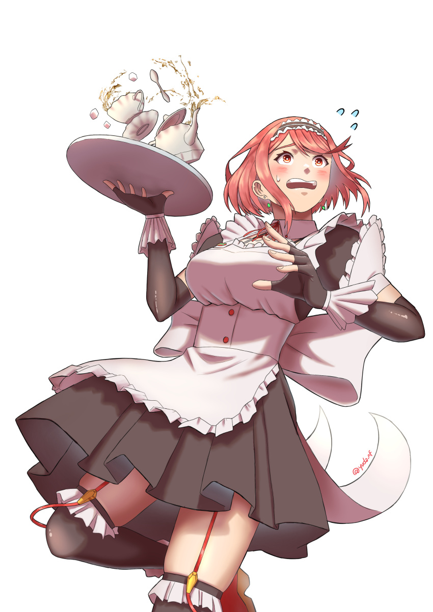 absurdres alternate_costume apron bangs black_dress black_gloves blush breasts cowboy_shot cup dress enmaided fingerless_gloves flying_sweatdrops garter_straps gloves highres holding holding_tray large_breasts maid maid_apron pyra_(xenoblade) red_eyes redhead short_hair simple_background swept_bangs teacup teapot thigh-highs tray underbust white_background xenoblade_chronicles_(series) xenoblade_chronicles_2 yuda_nf zettai_ryouiki