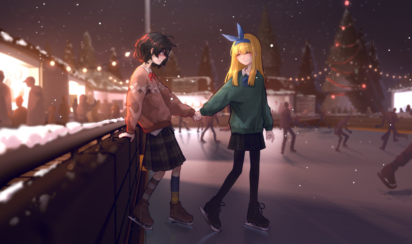 2girls absurdres ahoge asymmetrical_legwear bangs black_hair black_skirt blind_girl_(popopoka) blonde_hair blue_bow blue_bowtie blue_eyes blue_hairband bow bowtie brown_skirt brown_sweater bully_girl_(popopoka) christmas_tree commentary english_commentary eyebrows_visible_through_hair freckles green_sweater grin hairband highres holding_hands ice_skates ice_skating kneehighs long_hair mismatched_legwear multiple_girls night original outdoors pale_skin pantyhose people plaid plaid_skirt pleated_skirt popopoka red_bow red_bowtie shiny shiny_hair skates skating skirt smile snowing standing sweater teeth translation_request