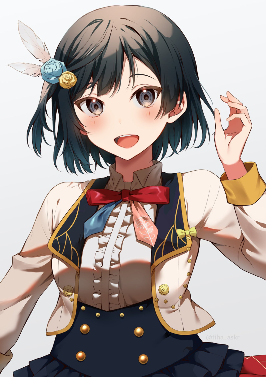 1girl aiguillette bangs black_hair black_vest bow bowtie breasts buttons collared_shirt cropped_jacket double-breasted eyebrows_visible_through_hair feather_hair_ornament feathers flower frilled_shirt frills hair_between_eyes hair_flower hair_ornament hand_up happy highres i'll_protect_your_smile!_(love_live!) idol_clothes jacket looking_at_viewer love_live! love_live!_nijigasaki_high_school_idol_club medium_breasts mia_(fai1510) open_mouth red_bow red_bowtie red_skirt shirt short_hair sidelocks simple_background skirt solo twitter_username two-tone_bowtie upper_body vest white_background white_shirt yellow_jacket yuuki_setsuna_(love_live!)