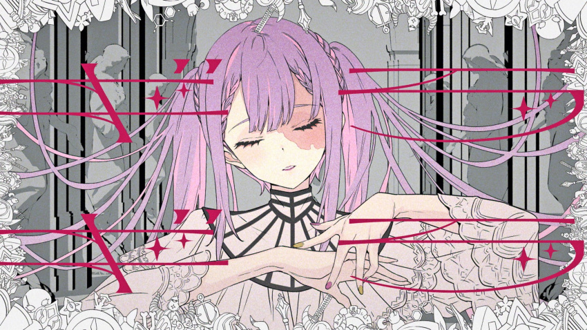 1girl bangs braid closed_eyes commentary_request facing_viewer fingernails framed gira_gira highres hololive kakage long_hair long_sleeves multicolored_nails nail_polish official_art purple_hair scar scar_on_face second-party_source solo song_name tokoyami_towa virtual_youtuber