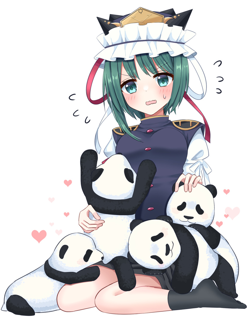 1girl arm_garter asymmetrical_bangs bangs black_legwear blue_vest blush breasts commentary_request dot_nose epaulettes flustered flying_sweatdrops full_body gold_trim green_eyes green_hair hat hat_ribbon heart highres long_sleeves looking_at_viewer medium_breasts open_mouth panda puffy_sleeves red_button red_ribbon ribbon shiki_eiki shiny shiny_hair simple_background sitting socks solo stigma1101 sweatdrop touhou v-shaped_eyebrows vest wariza white_background white_ribbon