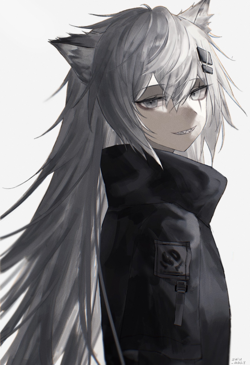 1girl animal_ear_fluff animal_ears arknights bangs black_coat coat eyebrows_visible_through_hair from_side grey_eyes hair_ornament hairclip high_collar highres lappland_(arknights) long_hair looking_at_viewer looking_to_the_side silver_hair simple_background solo suiu_aaa8 upper_body white_background wolf_ears