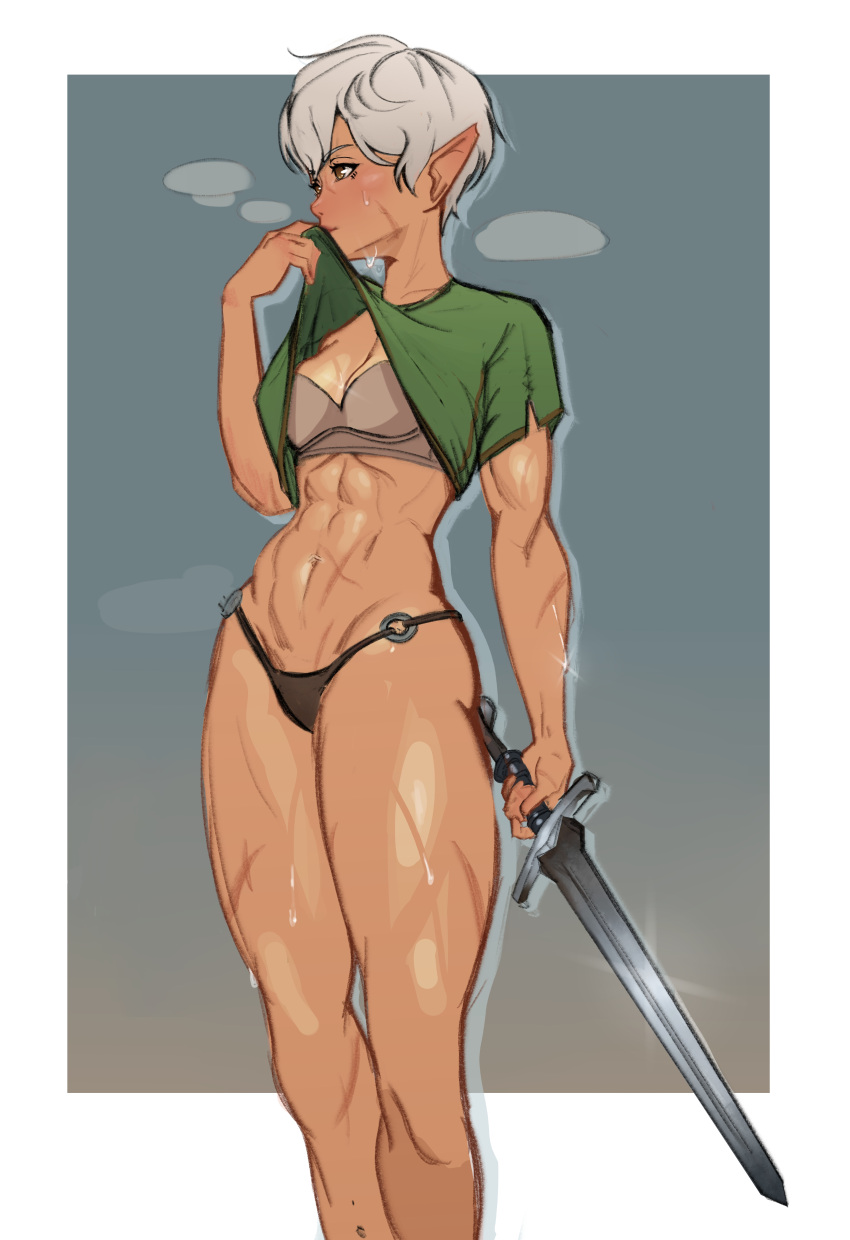 1girl abs absurdres blush border bra brown_eyes elf glint gradient gradient_background grey_bra grey_hair highres holding holding_sword holding_weapon mon_eree muscular muscular_female navel o-ring original pointy_ears scar scar_on_arm scar_on_cheek scar_on_face scar_on_leg scar_on_stomach short_hair solo steam steaming_body sweat sword tan underwear warrior weapon white_border wiping_sweat