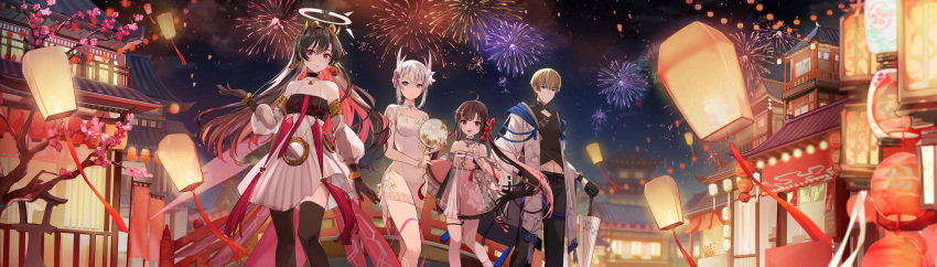 1boy 3girls absurdres ahoge architecture bangs black_gloves blonde_hair blue_eyes bracelet brown_hair building candy cherry_blossoms china_dress chinese_clothes choker detached_sleeves dress east_asian_architecture feet_out_of_frame fireworks flower food gloves hair_flower hair_ornament halo hand_fan highres holding holding_candy holding_fan holding_food holding_umbrella hutuu_(1121) jewelry lantern lee_(punishing:_gray_raven) liv_(punishing:_gray_raven) looking_at_viewer lucia_(punishing:_gray_raven) multicolored_hair multiple_girls necklace night night_sky open_mouth outdoors pants paper_lantern pink_eyes pulao_(punishing:_gray_raven) punishing:_gray_raven see-through_sleeves short_hair sky standing streaked_hair thigh-highs thigh_strap tree twintails umbrella white_hair