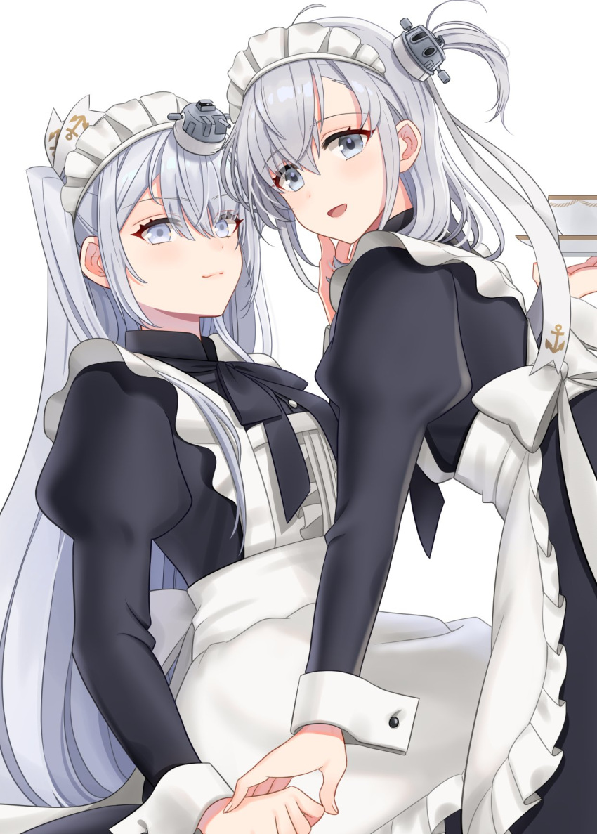 2girls alternate_costume anchor_symbol apron black_dress blush dress enmaided eyebrows_visible_through_hair frilled_apron frills fuyutsuki_(kancolle) grey_eyes hair_between_eyes highres juliet_sleeves kantai_collection long_hair long_sleeves maid maid_apron maid_headdress multiple_girls natsume_(natsume_melio) one_side_up open_mouth puffy_sleeves silver_hair simple_background smile suzutsuki_(kancolle) upper_body white_apron white_background