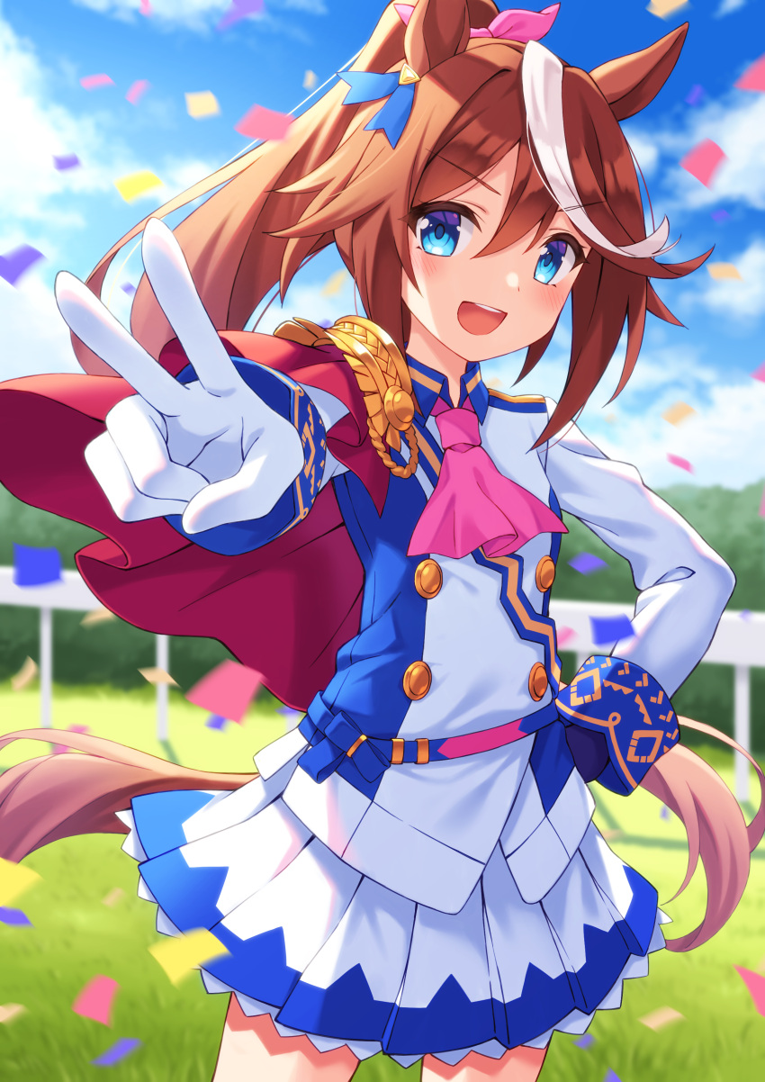 absurdres animal_ears blue_eyes brown_hair buttons cape clouds commentary confetti cowboy_shot double-breasted ear_ornament eyebrows_visible_through_hair eyelashes forehead frilled_skirt frills gloves grass hair_between_eyes hand_on_hip hand_up high_ponytail highres horse_ears horse_girl horse_tail legs_apart long_hair long_sleeves looking_at_viewer nemou outdoors railing red_cape shadow skirt sky solo tail teeth tokai_teio_(umamusume) umamusume upper_teeth v v-shaped_eyebrows white_gloves white_sleeves