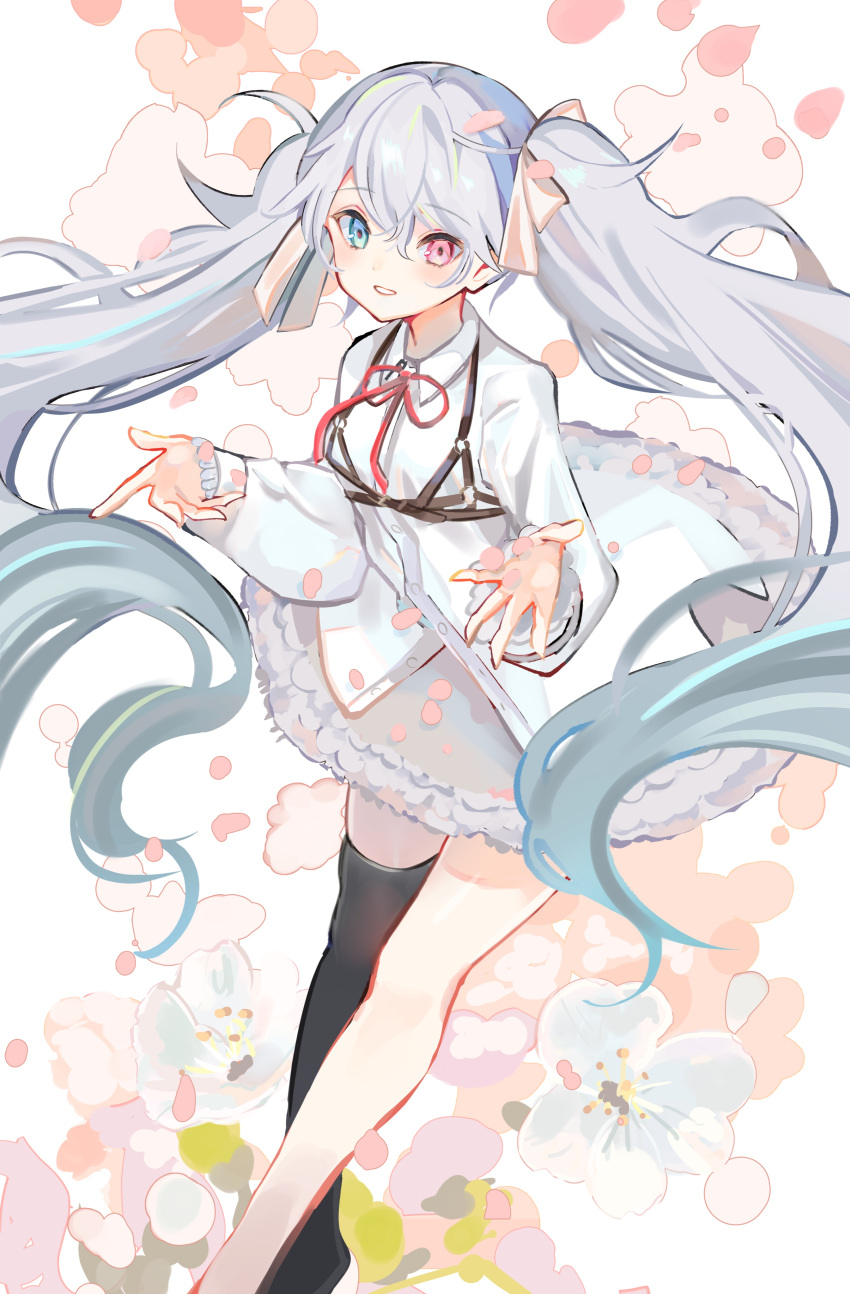 1girl 25-ji_night_code_de._(project_sekai) absurdres black_legwear blue_eyes bow cherry_blossoms chest_harness commentary dress flower grey_hair hair_bow harness hatsune_miku highres long_hair long_sleeves neck_ribbon parted_lips petticoat pink_eyes pink_flower project_sekai red_ribbon ribbon single_bare_leg single_thighhigh smile solo thigh-highs twintails utakapen very_long_hair vocaloid white_bow white_dress