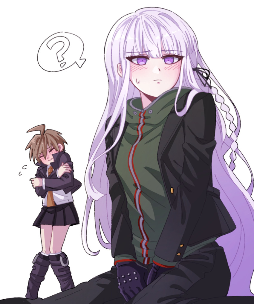 &gt;_&lt; 1boy 1girl ? ahoge bangs black_gloves black_jacket black_pants blush boots braid brown_hair closed_eyes commentary_request cosplay costume_switch crossdressing crossed_arms danganronpa:_trigger_happy_havoc danganronpa_(series) dot_nose embarrassed eyebrows_visible_through_hair feet_out_of_frame gloves green_hoodie highres hood hoodie jacket kirigiri_kyouko knee_boots korean_commentary light_purple_hair long_hair looking_at_viewer maem_(77lrik) naegi_makoto necktie orange_necktie pants pleated_skirt purple_footwear purple_jacket purple_skirt shirt short_hair side_braid simple_background skirt spoken_question_mark violet_eyes white_background white_shirt