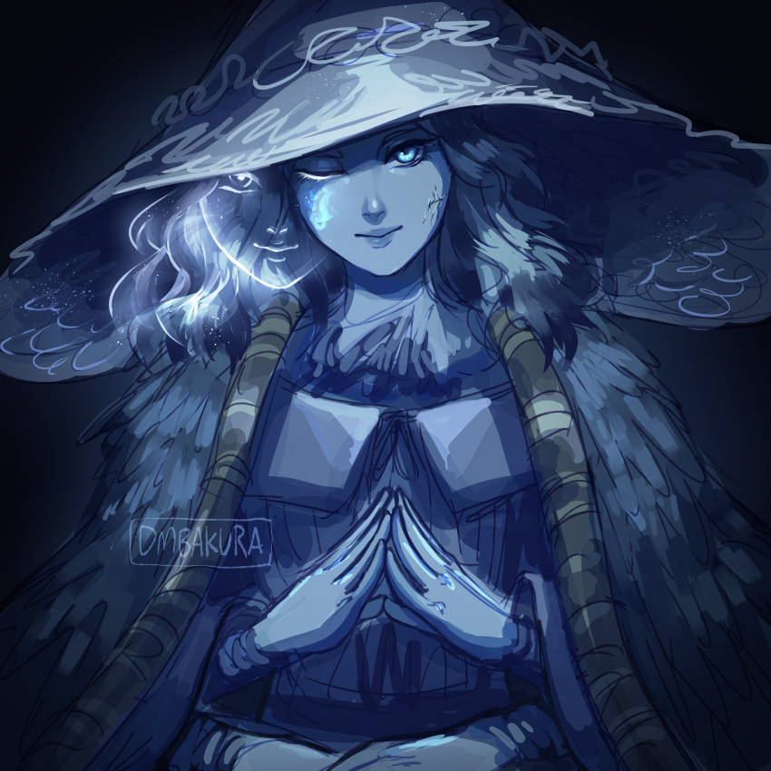 1girl absurdres blue_skin blue_theme cloak closed_mouth colored_skin cracked_skin dmbakura dress elden_ring extra_arms extra_faces fur_cloak grey_hair hat highres large_hat looking_at_viewer one_eye_closed own_hands_together ranni_the_witch smile solo steepled_fingers witch_hat