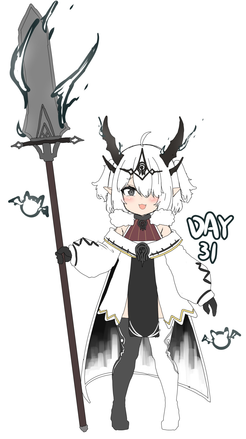 1girl :d absurdres bailingxiao_jiu bangs black_footwear black_gloves black_legwear blush boots eyebrows_visible_through_hair fangs full_body gloves grey_eyes hair_over_one_eye headpiece highres holding holding_polearm holding_weapon horns jacket long_sleeves looking_at_viewer multiple_horns off-shoulder_jacket off_shoulder original pelvic_curtain pointy_ears polearm puffy_long_sleeves puffy_sleeves simple_background sleeves_past_wrists smile solo standing thigh-highs thigh_boots weapon white_background white_footwear white_hair white_jacket white_legwear