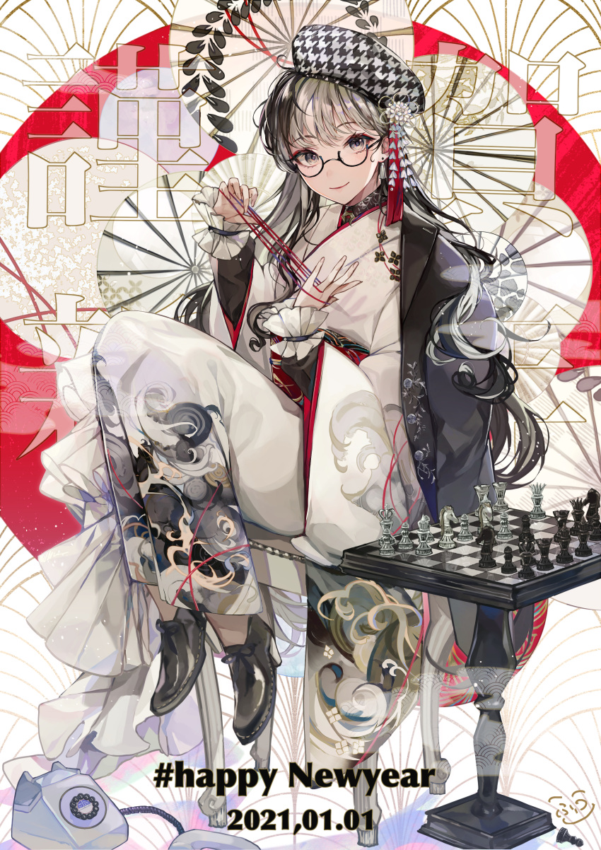 1girl absurdres bangs board_game cat's_cradle chess chess_piece chessboard closed_mouth coat coat_on_shoulders dated glasses grey_eyes grey_hair hands_up happy_new_year hat highres hutuu_(1121) japanese_clothes kimono legs_up long_hair looking_at_viewer new_year on_chair original phone print_kimono rotary_phone shoes sitting