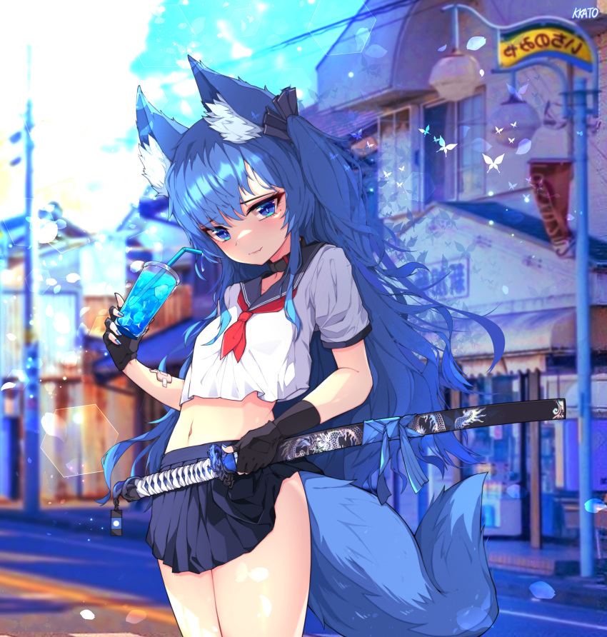1girl absurdres animal_ears bangs black_gloves black_skirt blue_eyes blue_hair building collar commentary cup disposable_cup drink drinking_straw dual_wielding english_commentary eyebrows_visible_through_hair fingerless_gloves fox_ears fox_girl fox_tail gloves hair_between_eyes hair_ribbon highres holding holding_cup holding_sword holding_weapon ice ice_cube katana long_hair looking_at_viewer lucidgirl mole mole_under_eye nail_polish navel original pleated_skirt ribbon school_uniform serafuku short_sleeves sidelocks skirt smile solo stomach sword tail translation_request weapon
