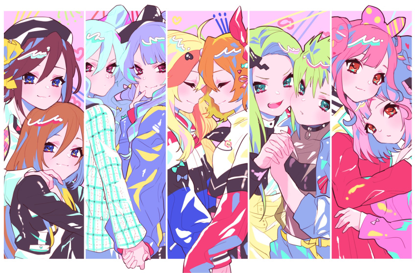 6+girls beret black_headwear black_shirt blonde_hair blue_hair blue_jacket brown_eyes brown_hair closed_eyes column_lineup freyja_wion green_eyes green_hair hat highres holding_hands jacket kaname_buccaneer macross macross_delta macross_delta:_zettai_live!!!!!! makina_nakajima mikumo_guynemer multicolored_hair multiple_girls orange_hair pink_hair purple_hair redhead reina_prowler sechi_(stst1850) shirt smile streaked_hair twintails v-shaped_eyebrows violet_eyes walkure_(macross_delta) yami_freyja yami_kaname yami_makina yami_q_ray yamikumo