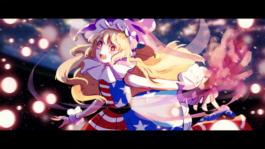1girl :d american_flag_dress blonde_hair blurry blurry_background cake_mogo clownpiece danmaku dress english_commentary fang hat jester_cap letterboxed long_hair neck_ruff open_mouth purple_headwear red_eyes sleeveless sleeveless_dress smile solo symbol-only_commentary touhou wrist_cuffs