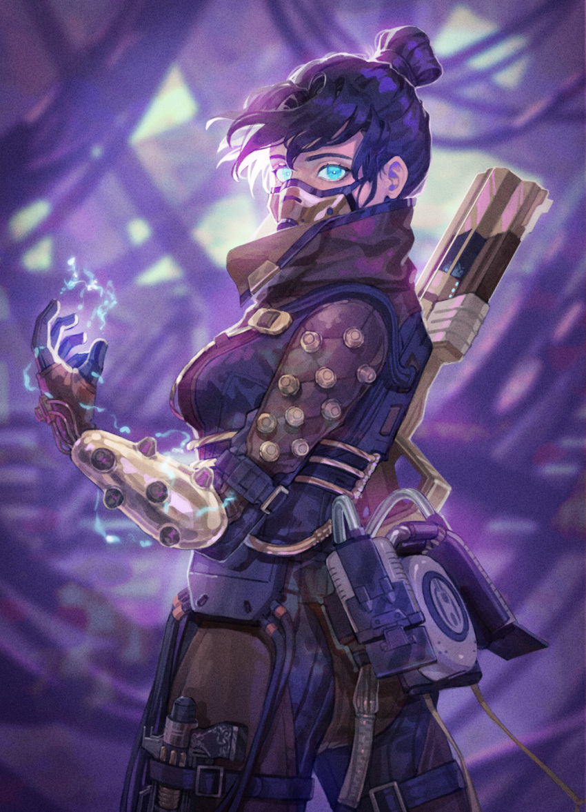 1girl airship_assassin_wraith apex_legends assault_rifle black_bodysuit black_gloves black_hair blue_eyes bodysuit breasts cable commentary electricity energy_gun floating_hair gloves glowing glowing_eyes gun hair_behind_ear havoc_energy_rifle highres looking_at_viewer mask medium_breasts mouth_mask official_alternate_costume open_hand rifle solo sora_(akaisw) weapon weapon_on_back wraith_(apex_legends)