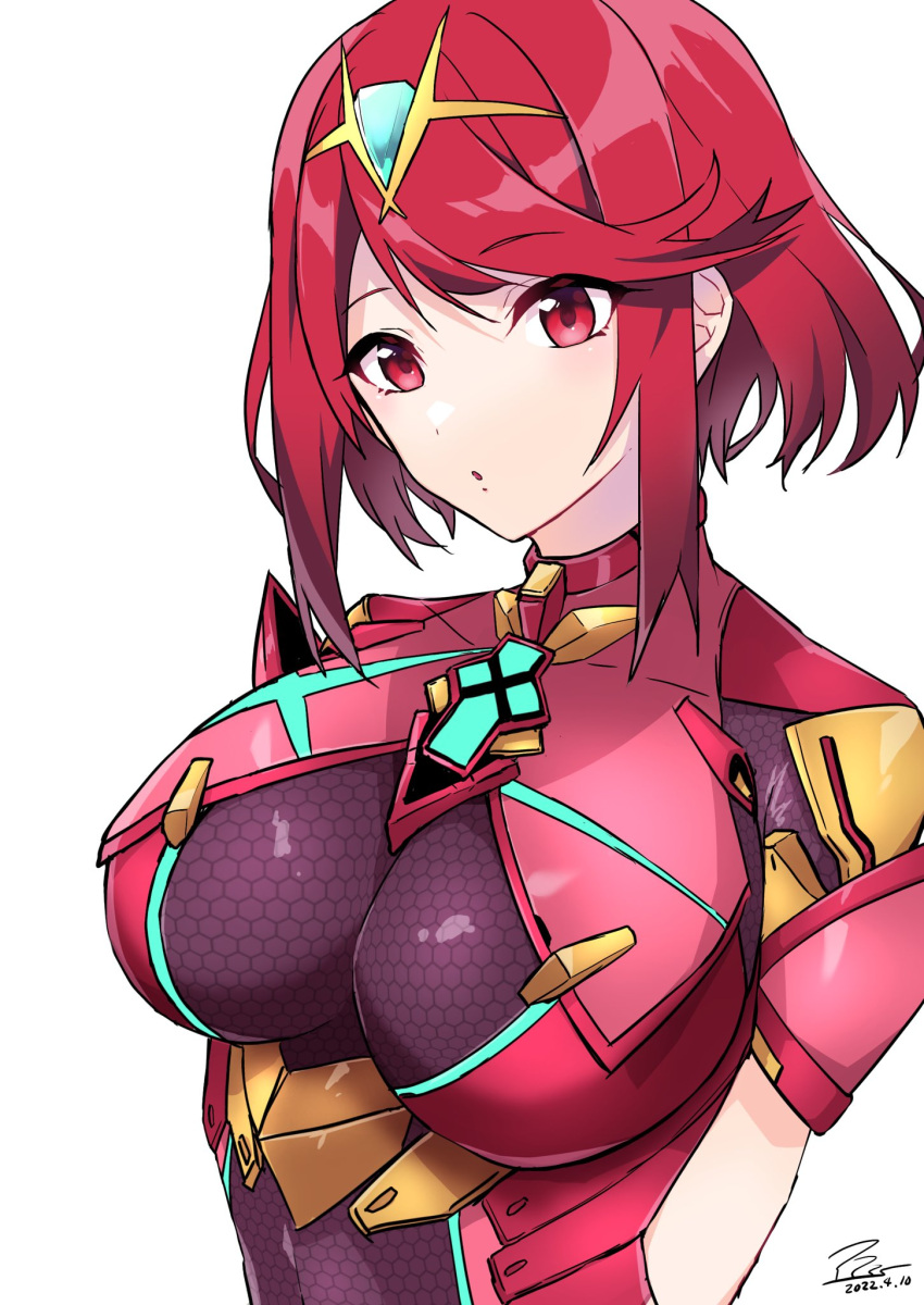 1girl bangs breasts chest_jewel gem headpiece highres large_breasts ppps pyra_(xenoblade) red_eyes redhead short_hair simple_background solo swept_bangs tiara white_background xenoblade_chronicles_(series) xenoblade_chronicles_2