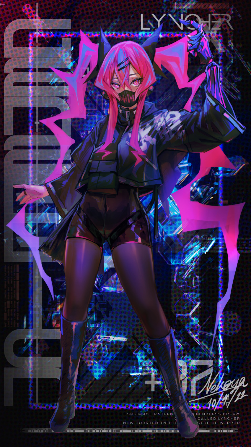 1girl absurdres black_legwear blue_hair boots english_commentary english_text full_body hair_between_eyes hair_ornament hairclip highres jacket long_hair looking_at_viewer mask mouth_mask multicolored_hair nekodayo22 original pink_eyes pink_hair solo twintails