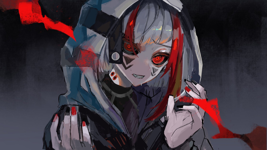1boy black_eyes black_jacket black_nails black_sclera clenched_teeth colored_sclera facial_mark fangs fingernails highres hood hood_up hooded_jacket jacket long_fingernails looking_at_viewer male_focus multicolored_hair original red_eyes red_nails red_pupils redhead siun_5513 sketch solo streaked_hair striped striped_clothes sweat teeth turtleneck upper_body vampire white_hair