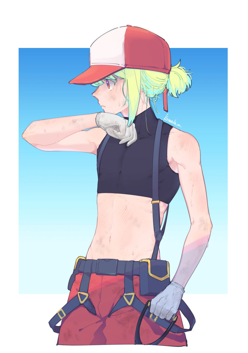 1boy androgynous blue_background border dirty gloves gradient gradient_background green_hair highres kome_1022 lio_fotia male_focus midriff navel outside_border pants ponytail profile promare red_headwear red_pants short_hair sidelocks solo sweat two-tone_headwear violet_eyes white_border white_gloves