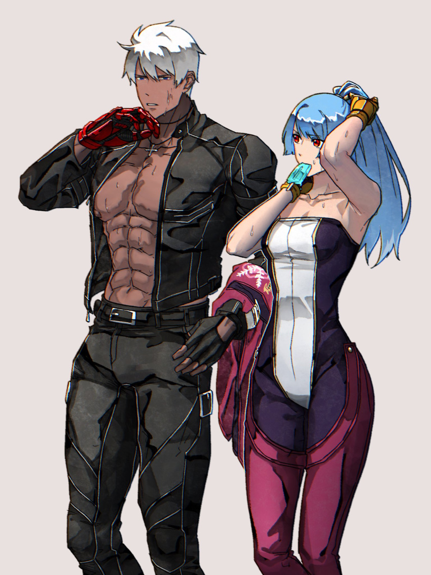 1boy 1girl abs alternate_hairstyle asymmetrical_gloves bare_shoulders black_jacket black_pants blue_eyes blue_hair bodysuit breasts chaps collarbone cross cross_necklace dark-skinned_male dark_skin english_commentary food gloves gold_gloves grey_background highres hot jacket jacket_removed jewelry k'_(kof) kula_diamond leather leather_jacket leather_pants long_hair medium_breasts mismatched_gloves muscular muscular_male necklace no_shirt open_clothes open_jacket pants pectorals ponytail popsicle purple_bodysuit red_eyes red_gloves short_hair silver_hair strapless sweat syachiiro the_king_of_fighters