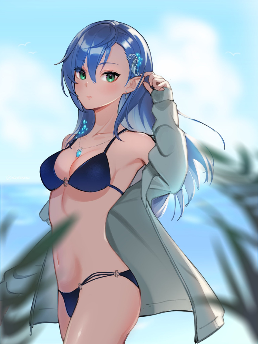 1girl blue_hair breasts chishinamu clouds earrings green_eyes hair_ornament highres jewelry long_hair looking_at_viewer maria_traydor navel necklace solo star_ocean star_ocean_anamnesis star_ocean_till_the_end_of_time swimsuit