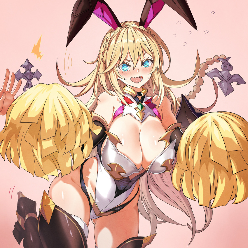 1girl 1other @_@ absurdres animal_ears aqua_eyes ass_visible_through_thighs bangs blonde_hair boots braid breasts hair_between_eyes halterneck hand_up highleg highleg_leotard highres holding holding_pom_poms large_breasts leotard long_hair open_mouth pink_background pom_pom_(cheerleading) rabbit_ears rise_of_girls solo_focus standing standing_on_one_leg thigh-highs thigh_boots tokopi