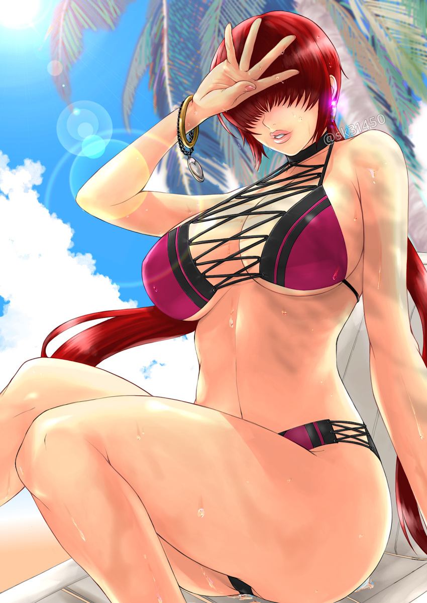 1girl bangle beach bikini bracelet breasts choker commentary_request covered_eyes day hair_over_eyes highres hot jewelry large_breasts lens_flare lips long_hair low_twintails multi-strapped_bikini palm_tree pink_lips purple_bikini redhead shermie_(kof) sitting sk_(sk-g) solo sweat swimsuit the_king_of_fighters tree twintails under_boob very_long_hair