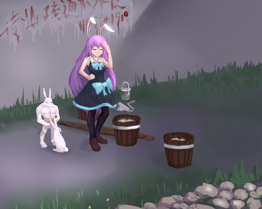 1girl animal_ears black_dress blue_bow bow brown_footwear bucket bucket_of_water cookie_(touhou) dress grass hisui_(cookie) nature paint paint_can paint_roller purple_hair rabbit rabbit_ears rabbit_tail reisen_udongein_inaba stone tail tongjm touhou translation_request wall writing writing_on_wall