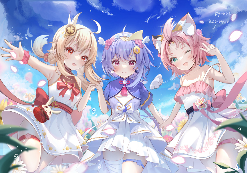 3girls :d ;d ahoge alternate_costume animal_ears armpits bangs bangs_pinned_back bird blue_sky blurry bow braid cat_ears cat_girl clouds cloudy_sky clover_print coin_hair_ornament collarbone commentary_request depth_of_field diona_(genshin_impact) dress earrings eyebrows_visible_through_hair field flower flower_field forehead genshin_impact green_eyes hair_between_eyes hair_ribbon hairband highres holding_hands jewelry jiangshi jumpy_dumpty klee_(genshin_impact) light_brown_hair long_hair looking_at_viewer low_twintails miaogujun multiple_girls ofuda one_eye_closed orange_eyes pantyhose paw_print petals pink_hair pointy_ears pouch purple_hair qiqi_(genshin_impact) ribbon scrunchie short_hair short_sleeves sidelocks single_braid sky smile thighlet twintails violet_eyes white_dress white_legwear wind