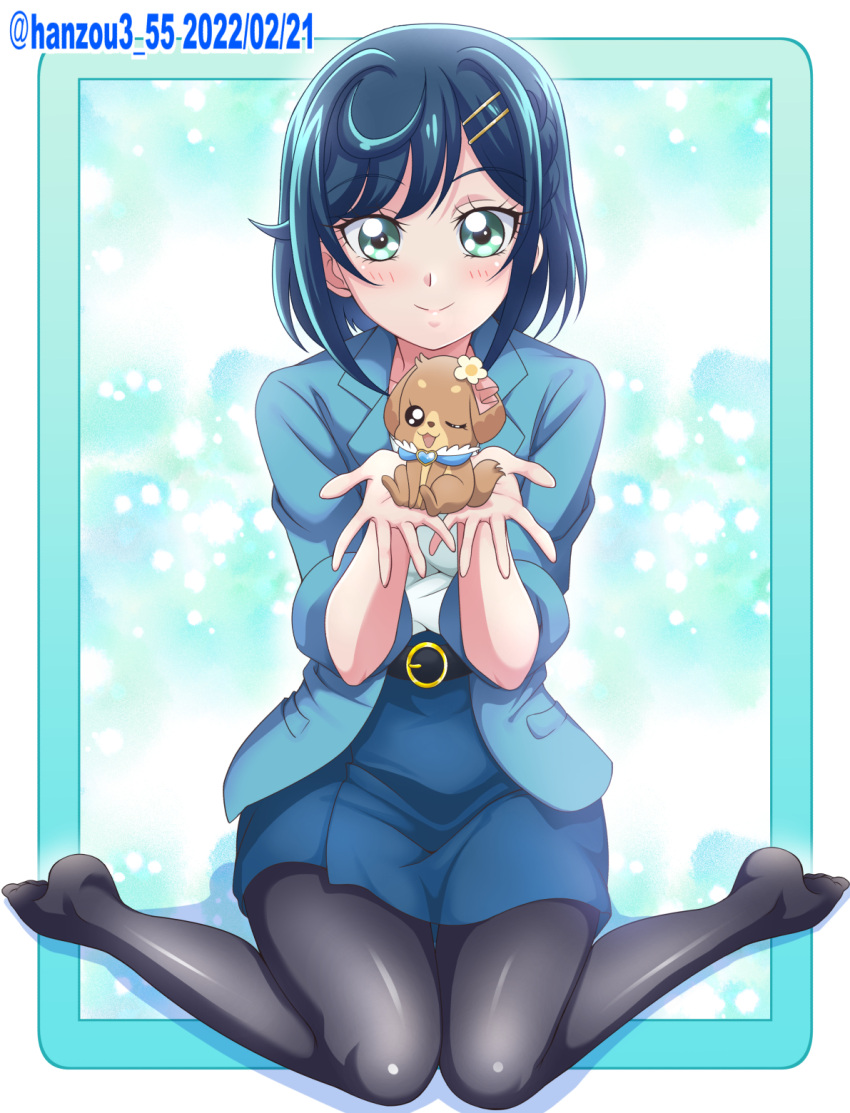 1girl 2022 bangs black_legwear blue_hair blue_jacket blue_skirt blush collarbone dated delicious_party_precure dog eyebrows_visible_through_hair framed full_body fuwa_kokone green_eyes hair_ornament hairclip hanzou highres jacket looking_at_viewer miniskirt open_clothes open_jacket pam-pam_(precure) pantyhose precure shiny shiny_clothes shiny_hair shiny_legwear shirt short_hair sitting skirt sleeves_rolled_up smile solo twitter_username wariza white_shirt