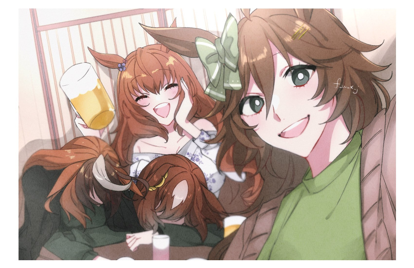 4girls alcohol animal_ears bangs beer beer_mug blush bright_pupils brown_hair collarbone commentary_request cup dress emu_(f_u_x_j) green_eyes green_jacket green_shirt hand_on_own_cheek hand_on_own_face head_down highres horse_ears jacket long_hair long_sleeves looking_at_viewer maruzensky_(umamusume) mr._c.b._(umamusume) mug multicolored_hair multiple_girls off-shoulder_dress off_shoulder open_mouth selfie shirt sirius_symboli_(umamusume) smile symboli_rudolf_(umamusume) teeth twitter_username two-tone_hair umamusume upper_teeth white_pupils