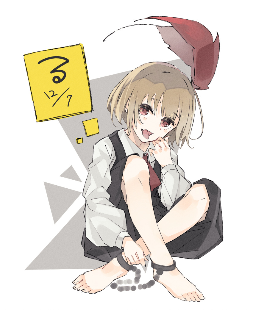 1girl ascot barefoot black_skirt black_vest blonde_hair collared_shirt commentary cuffs eyebrows_visible_through_hair full_body head_tilt highres long_sleeves looking_at_viewer o_(crazyoton46) open_mouth red_ascot red_eyes restrained rumia shackles shirt short_hair skirt solo tongue tongue_out touhou vest white_shirt