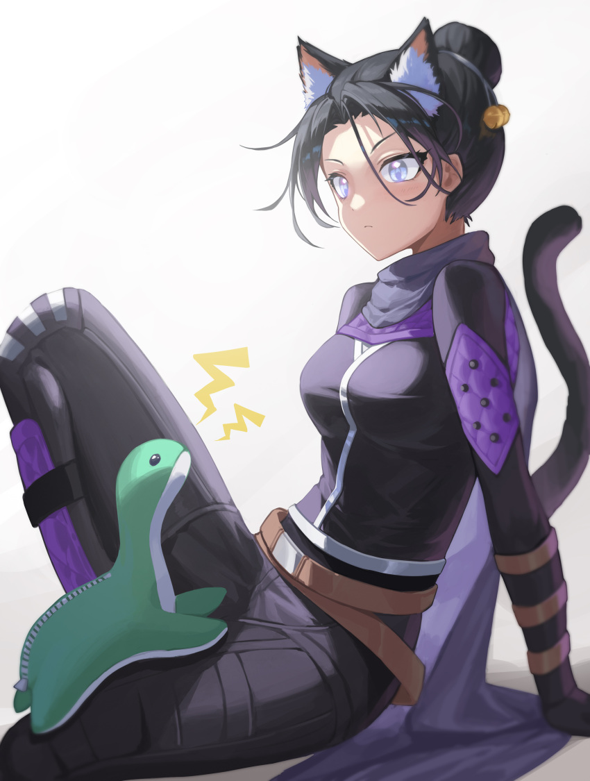1girl absurdres animal_ears apex_legends bangs bell black_gloves black_hair black_jacket black_pants blue_eyes breasts cat_ears cat_girl cat_tail closed_mouth commentary_request forehead gloves grey_background hair_bell hair_bun hair_ornament highres jacket jingle_bell kemonomimi_mode knee_up lightning_bolt_symbol long_sleeves medium_breasts mo_ying_yu pants parted_bangs purple_scarf scarf sitting solo tail v-shaped_eyebrows wraith_(apex_legends)