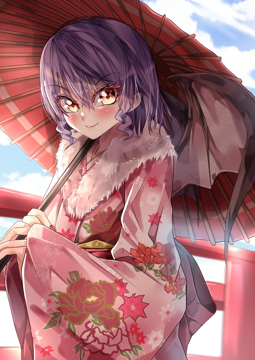 1girl absurdres bat_wings blush closed_mouth commentary_request eyebrows_visible_through_hair floral_print hair_between_eyes highres holding holding_umbrella japanese_clothes kimono long_sleeves looking_at_viewer maboroshi_mochi no_hat no_headwear oil-paper_umbrella orange_eyes outdoors pink_kimono print_kimono purple_hair red_umbrella remilia_scarlet rose_print smile solo touhou umbrella upper_body v-shaped_eyebrows wide_sleeves wings