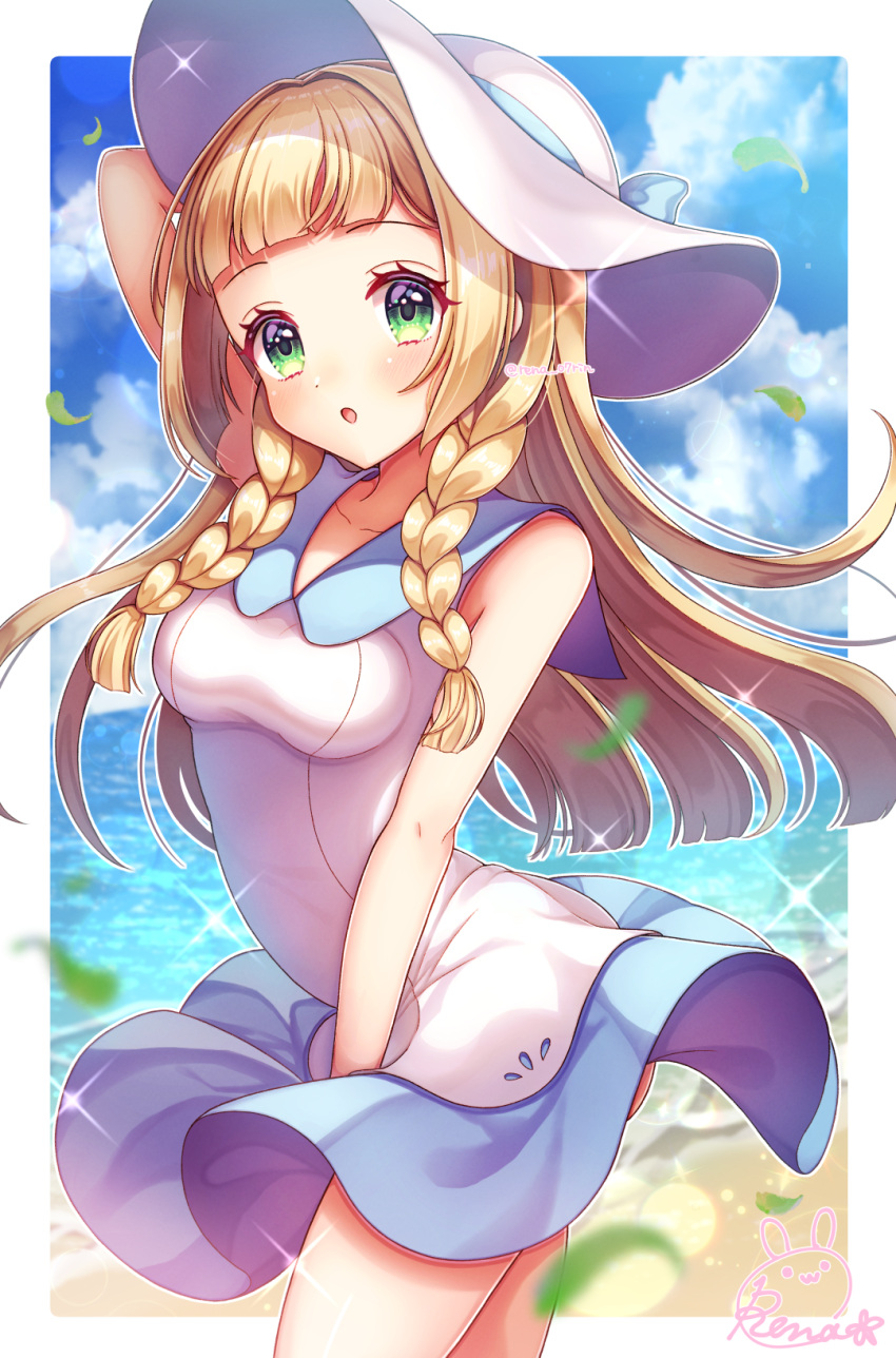 1girl :o bangs bare_arms blonde_hair blurry blush braid breasts clouds commentary_request day dress eyelashes green_eyes hat highres leaf leaves_in_wind lillie_(pokemon) long_hair open_mouth outdoors pokemon pokemon_(game) pokemon_sm shirobyu_y signature sky sleeveless sleeveless_dress solo sparkle sundress twin_braids white_dress white_headwear