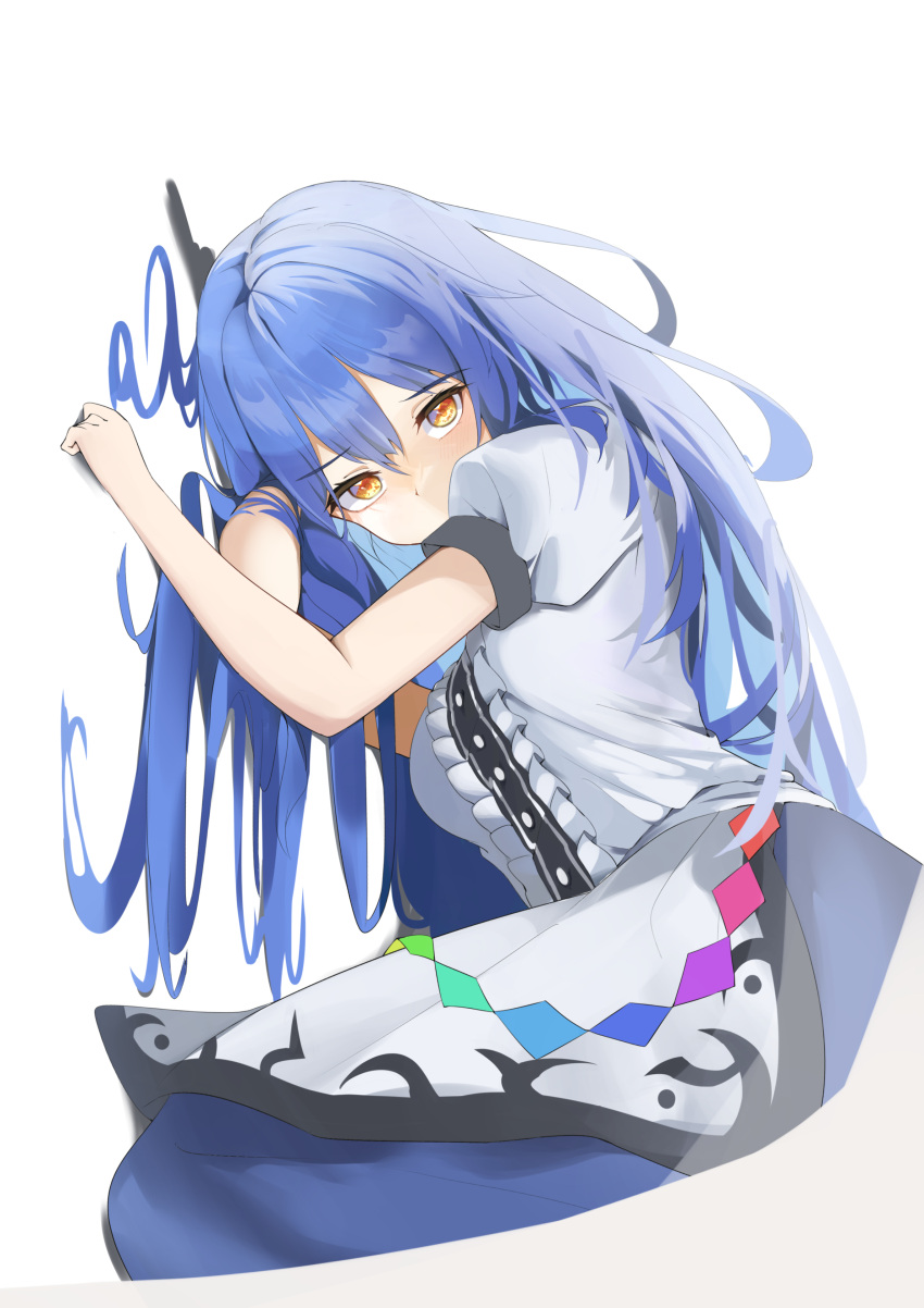 1girl 258n absurdres bangs blue_hair blush breasts covered_mouth cropped_legs dress highres hinanawi_tenshi long_hair looking_at_viewer no_hat no_headwear shirt short_sleeves simple_background solo touhou white_background white_shirt