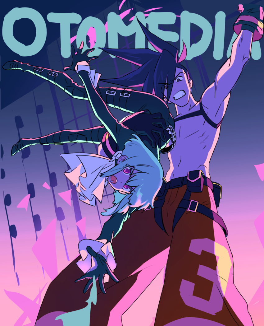 2boys androgynous belt black_gloves blue_eyes blue_hair clenched_teeth from_below galo_thymos gloves green_hair highres lio_fotia male_focus mohawk multiple_belts multiple_boys open_mouth pants promare red_pants rice_(rice8p) short_hair sidecut sidelocks teeth topless_male