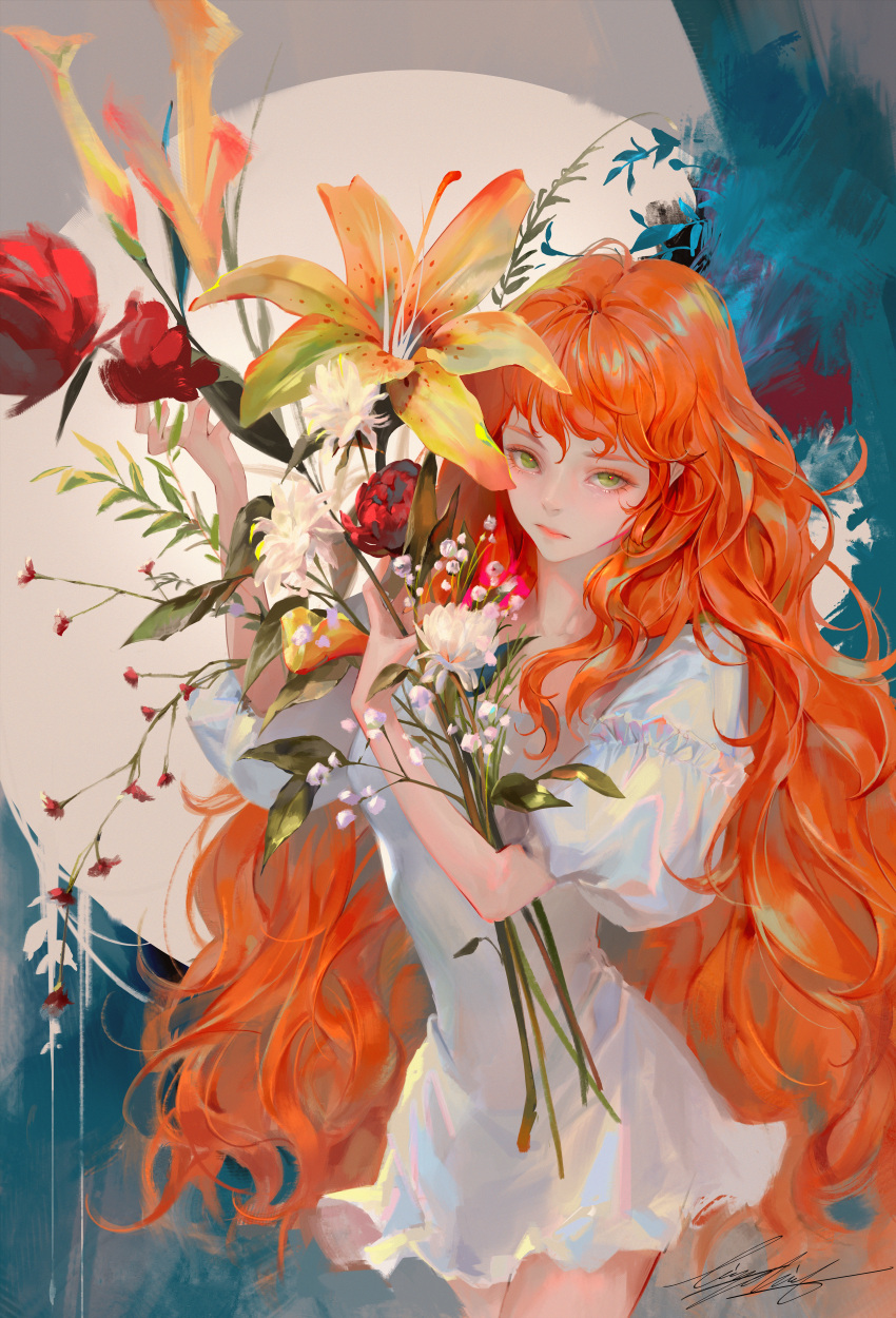 1girl absurdres dress flower green_eyes highres holding holding_flower lizchief long_hair looking_at_viewer orchid original redhead signature skirt solo very_long_hair white_dress