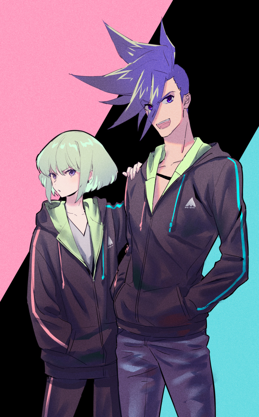 2boys androgynous black_hoodie blue_eyes blue_hair eyebrows_visible_through_hair eyes_visible_through_hair galo_thymos green_hair hand_on_another's_shoulder hands_in_pockets highres hood hoodie lio_fotia looking_at_viewer male_focus mohawk multiple_boys open_mouth promare rice_(rice8p) short_hair sidecut sidelocks smile violet_eyes zipper