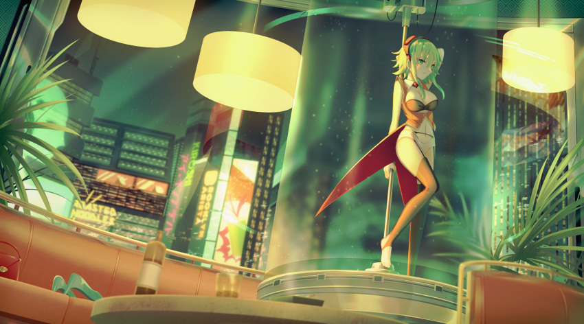 1girl blurry blurry_background breasts city dutch_angle eyebrows_visible_through_hair garter_straps goggles goggles_on_head green_eyes green_hair gumi hair_between_eyes high_heels highres medium_breasts pole_dancing red_goggles sakakidani shoes shoes_removed short_hair_with_long_locks solo thigh-highs vocaloid